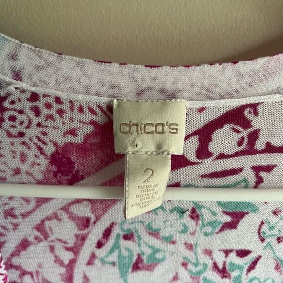 Chicos White Multicolor Medallion Ruched Sleeve Cardigan Topper 2 - Picture 4 of 7